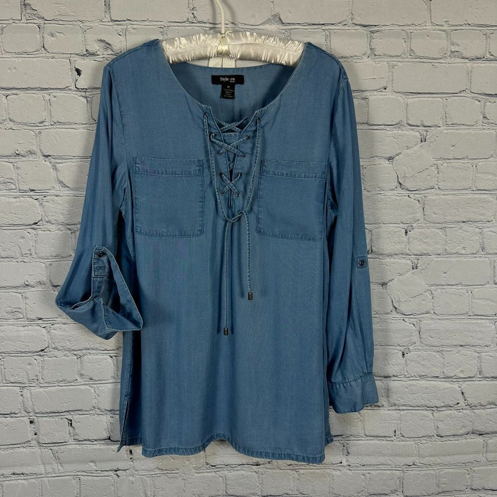 Style & Co. Long Sleeve Chambray Lace Front‎ Pullover Top, Size PL, Denim Blue
